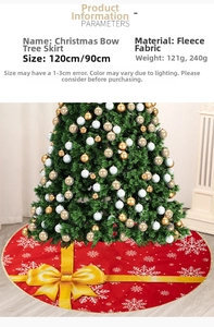 Detail of red Christmas tree skirt with white snowflakes and large yellow bow