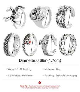 Close-up of vintage silver alloy rings featuring spider, skull, and bat gothic motifs