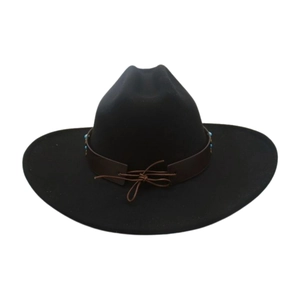 Close-up of a wide brim felt hat featuring a leather band with turquoise beads and bow