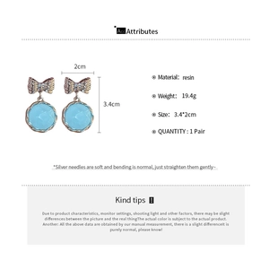 Detailed specs of light blue resin earrings with bow, size 3.4x2cm and silver needle