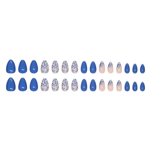 Short almond fake nails with blue French tips and floral designs, 30pcs set