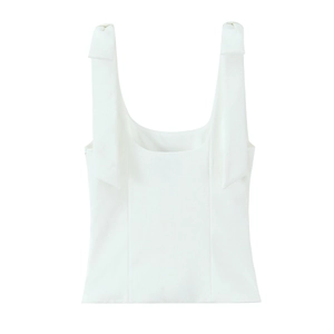 Detail view of white square neck camisole top with wide elastic shoulder straps