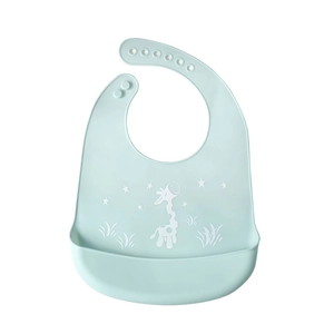 Waterproof 3D light blue silicone baby bib with giraffe pattern and leak-proof pocket
