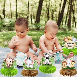 Jungle animal honeycomb centerpieces for baby shower decorations in outdoor park setting
