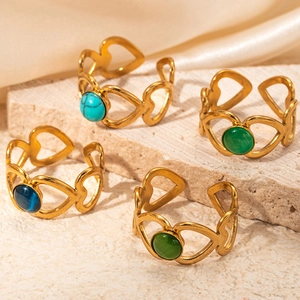 Bagues cœur ajustables en acier doré 18k avec incrustations de pierres colorées