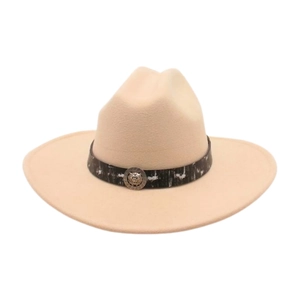 Vintage wide brim wool fedora hat with lion head metallic buckle in tan color