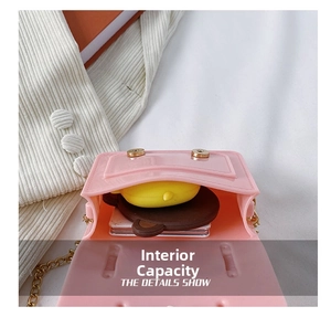 Internal capacity of pink mini crossbody bag with metal chain strap showing interior space