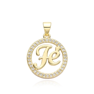 Gold plated round pendant necklace featuring Fé letter engraving and zircon pave