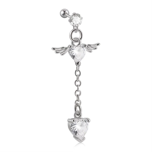 Piercing de nombril en argent avec ailes d'ange, cœur en zircon et chaîne pendante