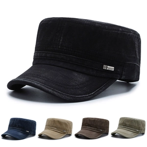 Men Washed Cotton Cadet Cap Vintage Distressed Flat Top Military Hat Adjustable Sunshade Outdoor Casual Sport Style