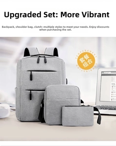 Three-piece grey business backpack set including shoulder bag and small zipper pouch