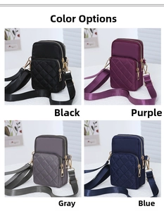 Multiple colors of quilted nylon crossbody phone bags with double zipper and gold hardware