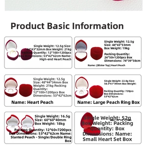 Detailed view of red heart-shaped jewelry boxes with internal ring slot dimensions