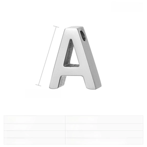 Macro view of 12x9mm stainless steel letter A pendant with dimensions and weight info