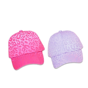 Kids leopard print baseball caps in rose red and lavender with wide brims for children