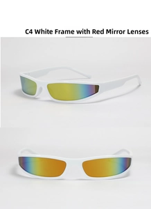 Dual view of Y2K futuristic white frame sunglasses with red mirrored lenses