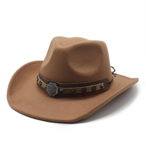 Brown wool felt cowboy hat with star studded leather band and ornate metal flower detail