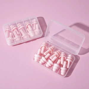 Pink silicone earplugs in clear plastic cases with a triple-flange Christmas tree design
