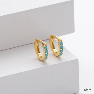 Detailed close-up of 6mm S925 sterling silver gold hoop earrings with turquoise beads