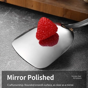 Mirror-polished stainless steel kitchen spatula with premium wooden-style handle finish