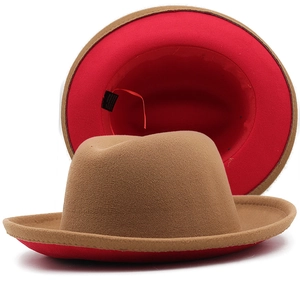 Two-tone wool fedora hat in camel and red with a wide brim for men and women