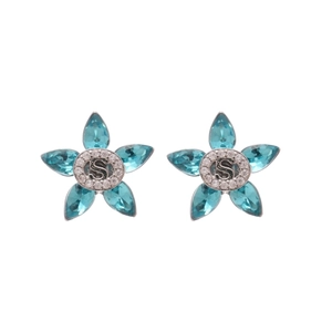 Silver flower stud earrings with blue teardrop crystals and sparkling zircon accents