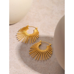 Macro shot of 18k gold stainless steel fan-shaped earrings with rhinestones
