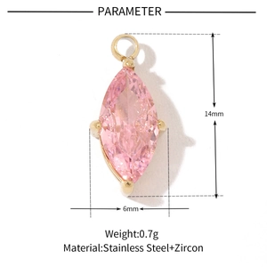 Detailed product parameters of pink zircon stainless steel pendant with size and weight specs