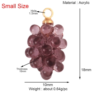 Detailed spec view of purple acrylic grape charm with size labels and gold loop