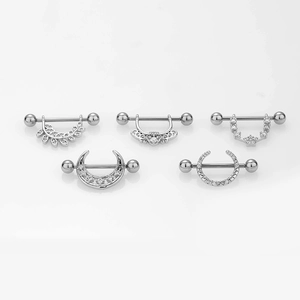 Lot de piercings de téton en acier argenté avec motifs lune, étoile et feuille en zircon
