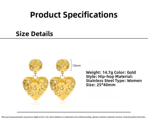 Detail view of 14k gold plated heart earrings with 25x40mm size and 14.7g weight