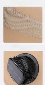 Vue détaillée des doubles ventilateurs solaires et du mesh respirant sur un chapeau kaki