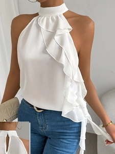 Women Halter Sleeveless Blouse Polyester Spandex Ruffle Trim Backless Mock Neck Elegant Summer Top