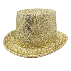 Detail shot of a shiny gold top hat featuring metallic woven texture and sequin sparkle
