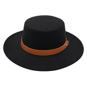 French vintage black wool felt boater hat with brown leather band and gold rivet detail