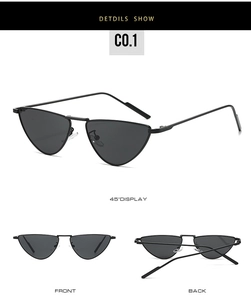 Three-way view of narrow cat-eye metal frame sunglasses with triangle lenses