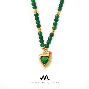 Collier De Perles Fait Main Avec Pendentif Coeur Acier Titane Zircon Vert Bijoux Esthétiques Vintage Pour Femmes