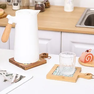 Creative wooden and ceramic heat-resistant coaster with handle for home desk protection