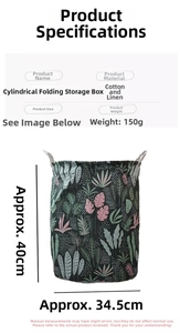 Size details of the cotton linen laundry hamper showing 40cm height and 34.5cm diameter