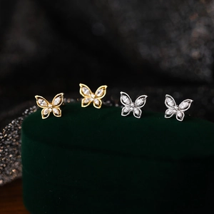 Elegant S999 Sterling Silver Butterfly Stud Earrings For Women With Zirconia Inlaid Gold Silver Butterfly Animal Earrings Jewelry Gift