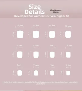 Guide des tailles pour 24 faux ongles carrés courts avec 12 dimensions différentes