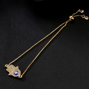 Golden Hamsa Hand bracelet with evil eye charm and adjustable box chain for women