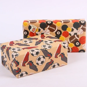 Sports themed kraft wrapping paper set with football, basketball and soccer patterns