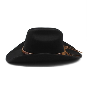 Black western cowboy felt hat with wide brim and decorative leather fringe band