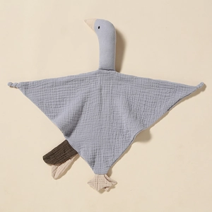Cute swan-shaped baby security blanket made of soft grey-blue cotton gauze fabric