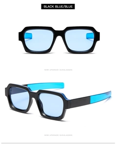 Front and side views of black and blue square sunglasses with translucent blue lenses
