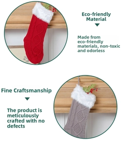 Gros plan de chaussettes de Noël en tricot rouge et gris avec bordure en fausse fourrure