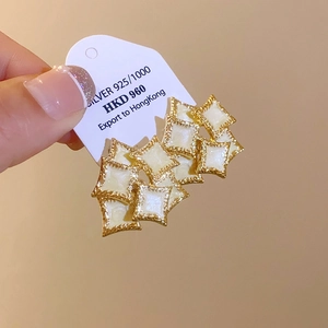 Vintage 925 silver needle earrings with gold rhombus enamel design for women