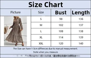 Size guide for elegant maxi dress showing bust and length measurements from S to XXL