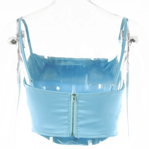 Detail of light blue satin tube top featuring back zipper and adjustable straps